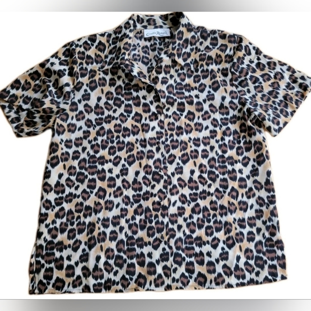 Claudia Richard Women's Leopard Cheetah Print Blouse Top Size 12 Vintage